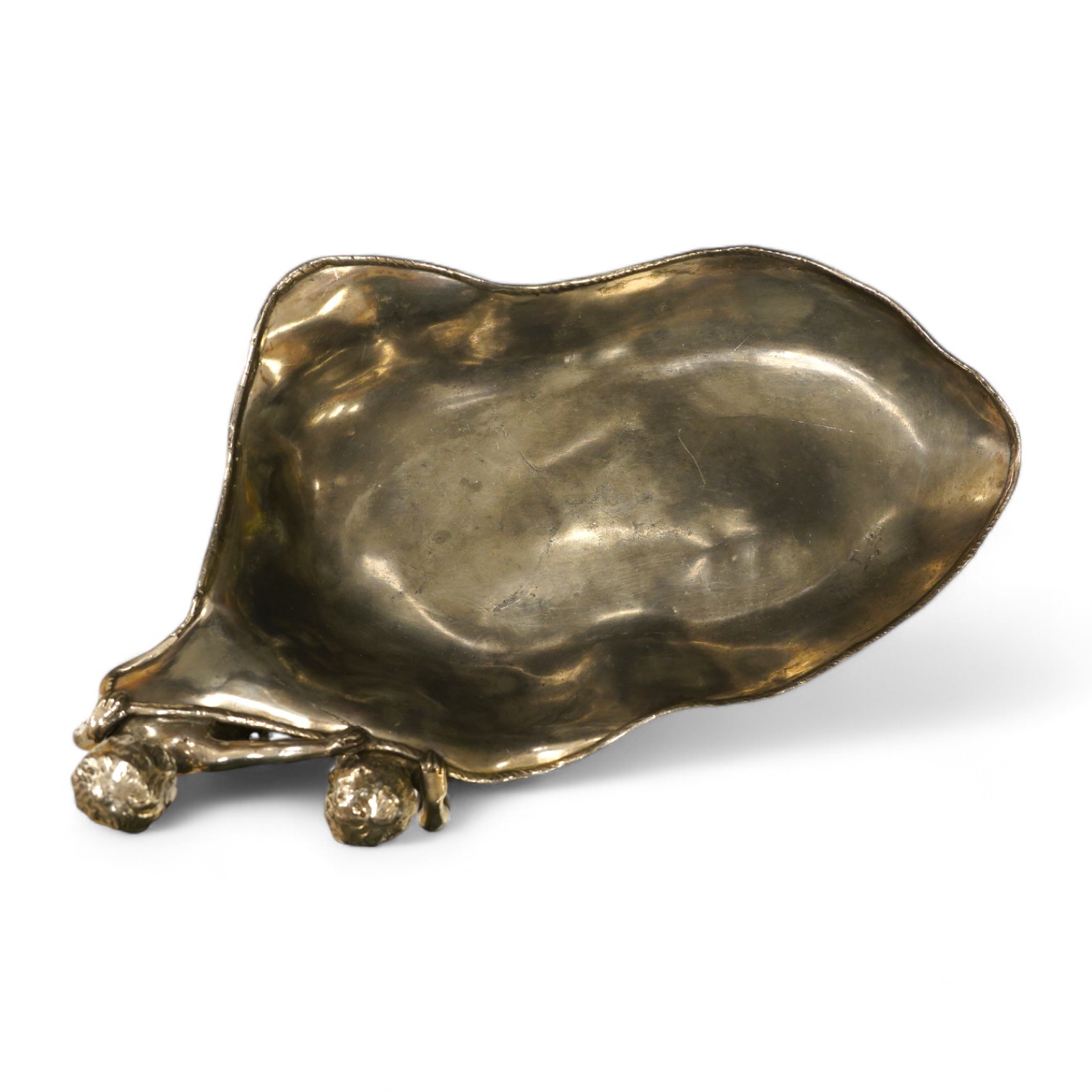 A WMF style plated pewter figural dish, stamped L.W.E.P. to base, 35cm wide. Condition - fair to good